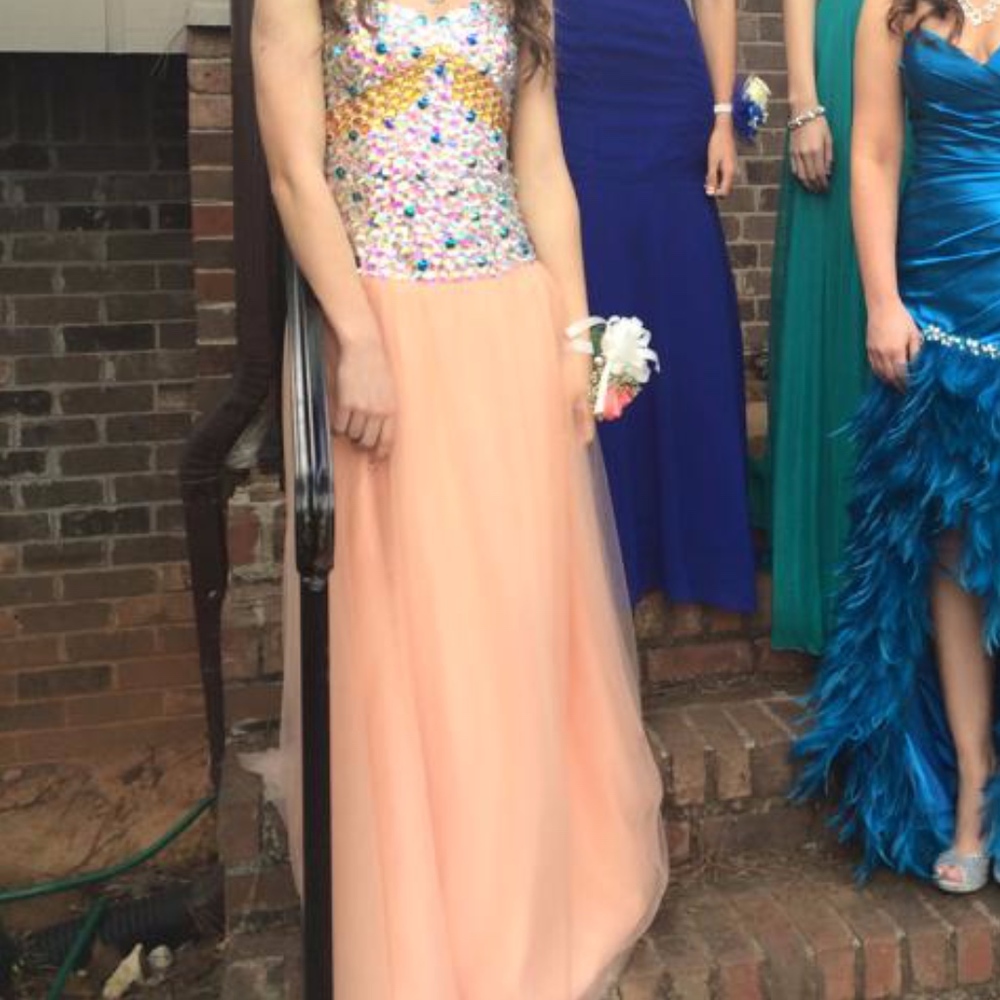 Coral/Pink/Peach Strapless Rhinestone Prom Dress!
